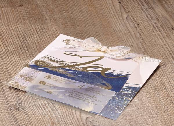 "Huwelijkskaart - Aquarel blauw met gouden Ja" - Afbeelding 2